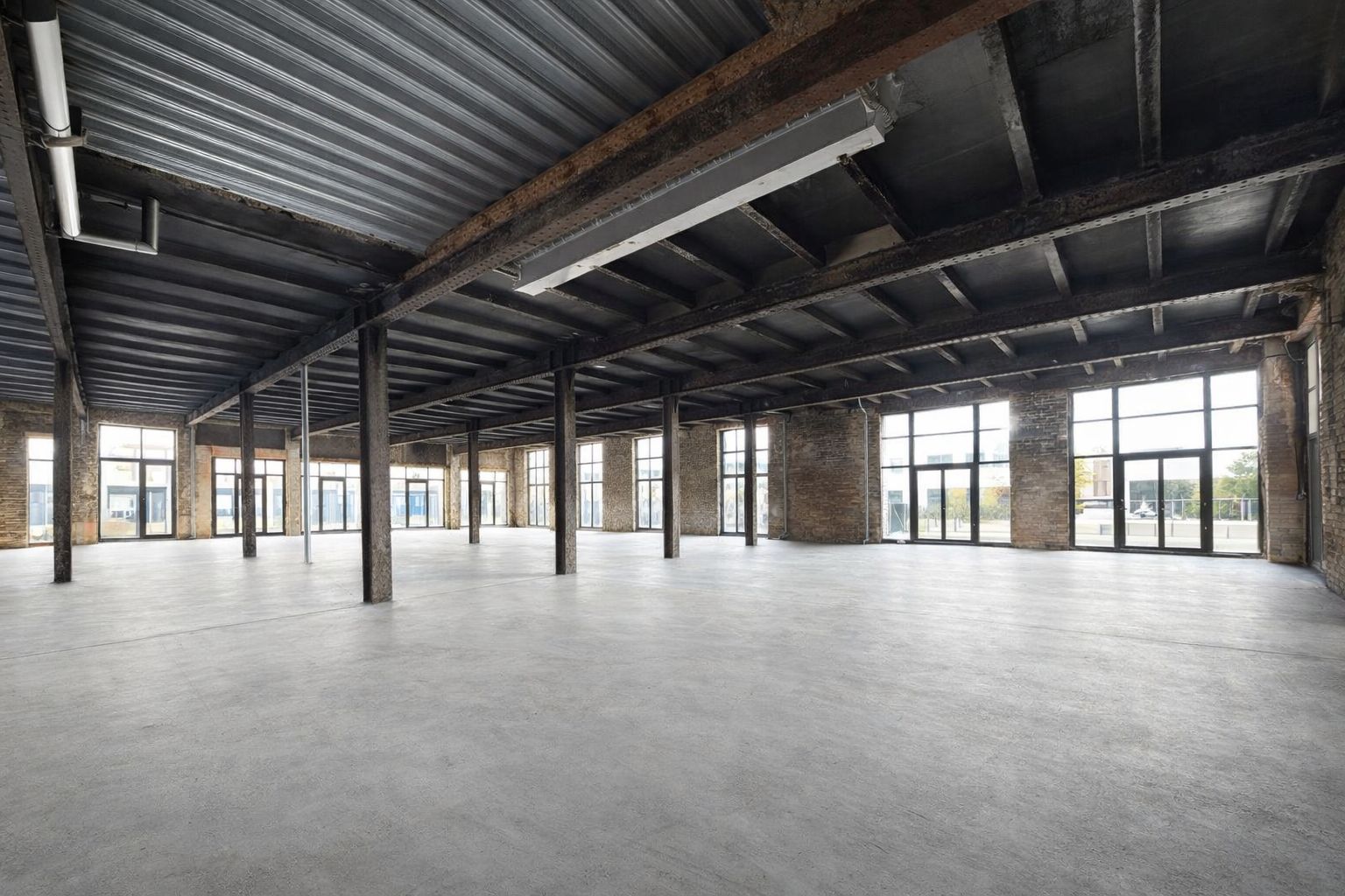 Plateau intérieur brut prêt à aménager avec grandes baies vitrées.